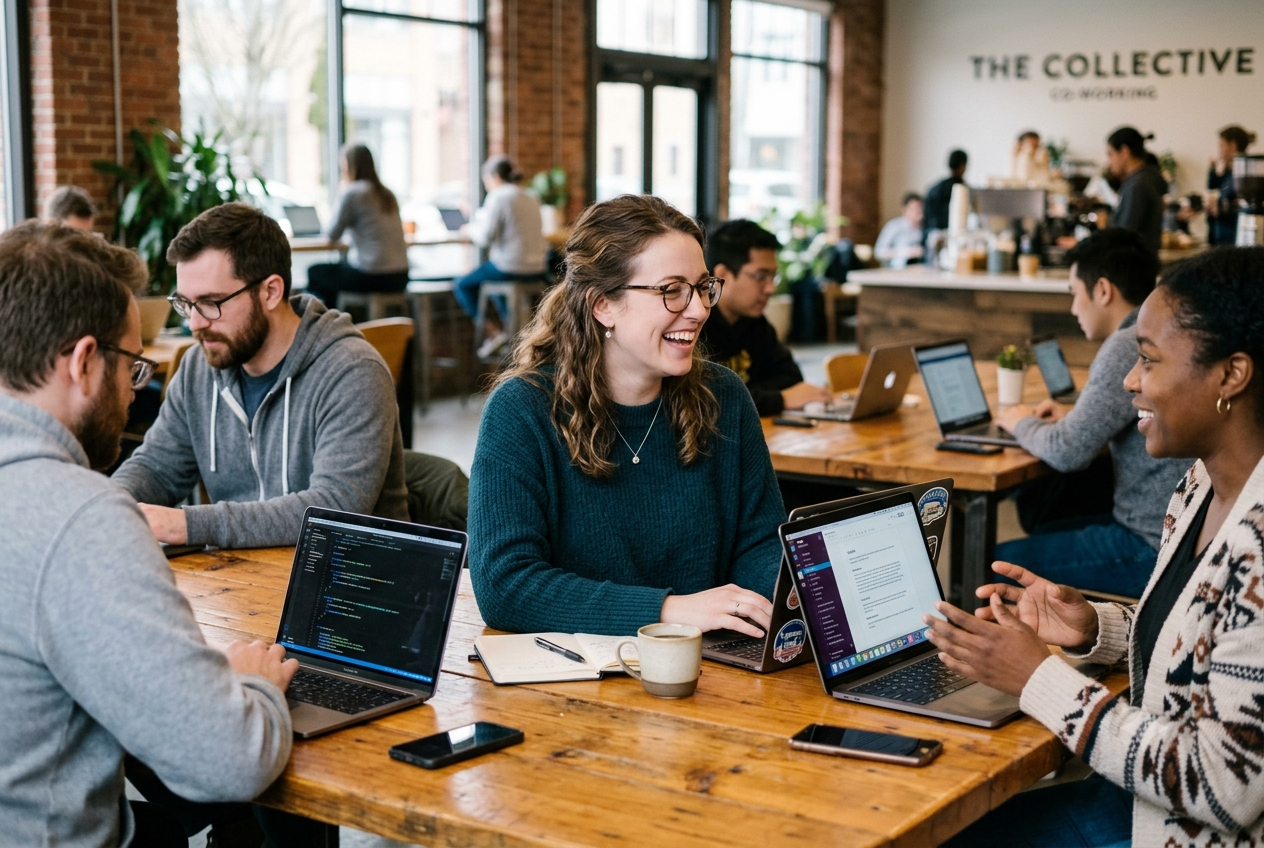 Remote worker collaborating in a co-working space
